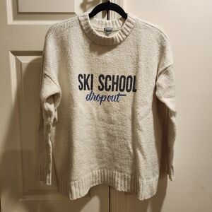 Aerie Ski School Drop Out GRAPHIC KNIT OVERSIZED Drop Shoulder Ivory Sweater Sm